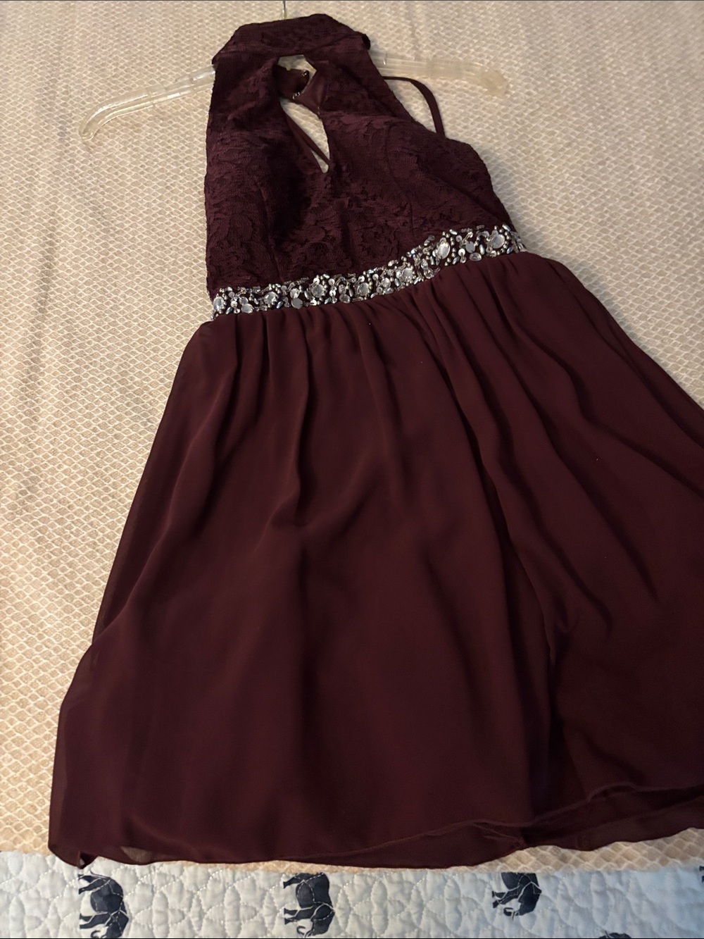 Speechless Burgundy Halter Backless Dress with Beaded Waist